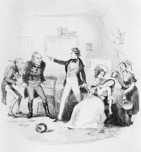 Nicholas feliciteert Arthur Gride op zijn trouwdag, illustratie uit `Nicholas Nickleby